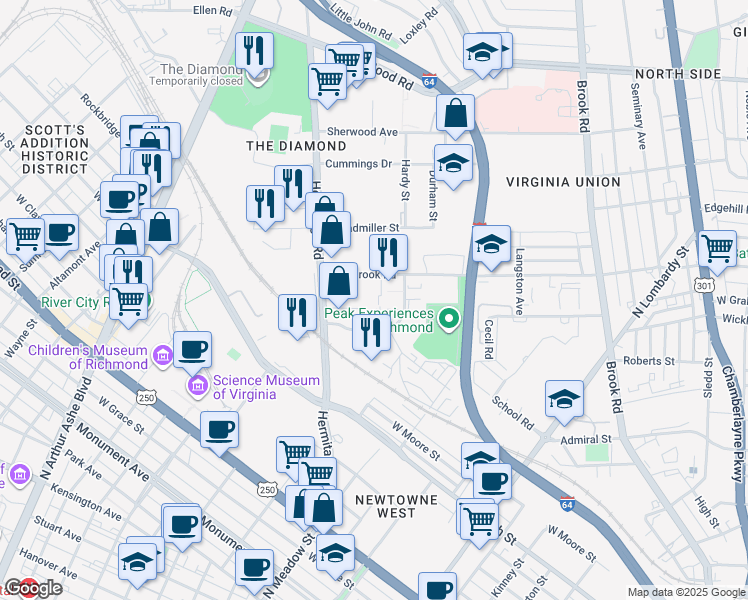 map of restaurants, bars, coffee shops, grocery stores, and more near 2408 Ownby Lane in Richmond