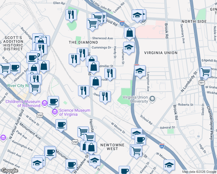 map of restaurants, bars, coffee shops, grocery stores, and more near 1601 Overbrook Road in Richmond
