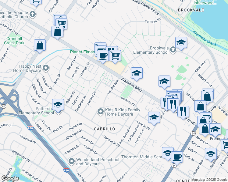 map of restaurants, bars, coffee shops, grocery stores, and more near 35910 Perkins Street in Fremont