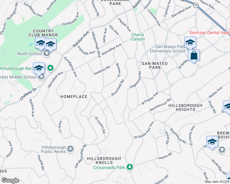 map of restaurants, bars, coffee shops, grocery stores, and more near 856 Bromfield Road in San Mateo