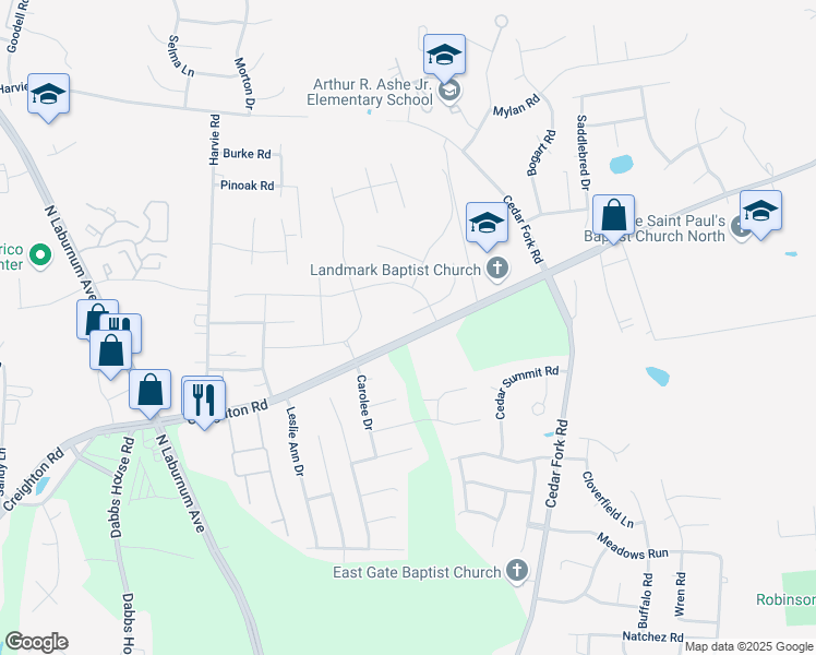 map of restaurants, bars, coffee shops, grocery stores, and more near 3820 Creighton Road in Richmond