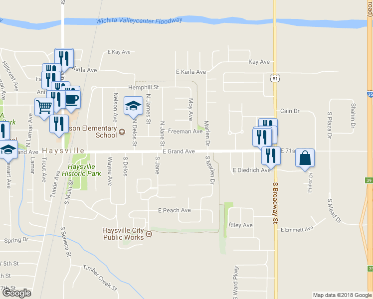 map of restaurants, bars, coffee shops, grocery stores, and more near 712 W 71st St S in Haysville