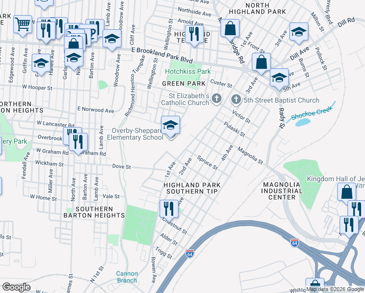 map of restaurants, bars, coffee shops, grocery stores, and more near 1201 Spruce Street in Richmond
