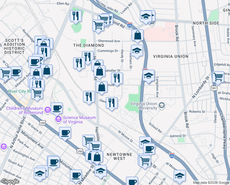map of restaurants, bars, coffee shops, grocery stores, and more near 1601 Overbrook Road in Richmond