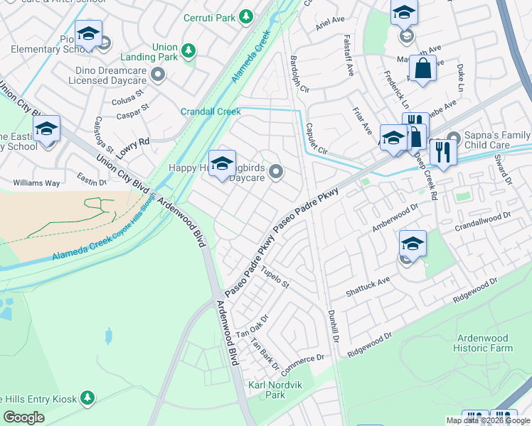 map of restaurants, bars, coffee shops, grocery stores, and more near 34048 Stirrup Way in Fremont