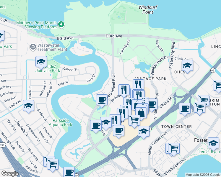 map of restaurants, bars, coffee shops, grocery stores, and more near 626 Mariners Island Boulevard in San Mateo