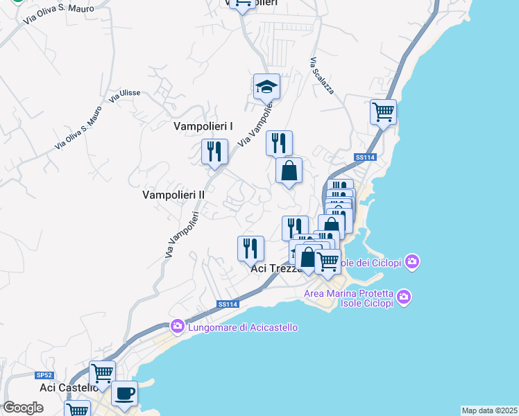 map of restaurants, bars, coffee shops, grocery stores, and more near 220 Via Litteri in Aci Castello