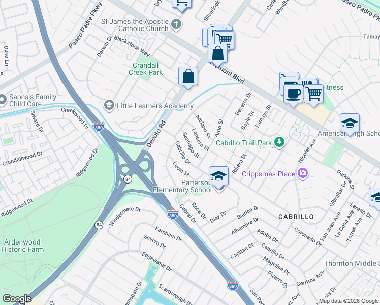 map of restaurants, bars, coffee shops, grocery stores, and more near 35225 Santiago Street in Fremont