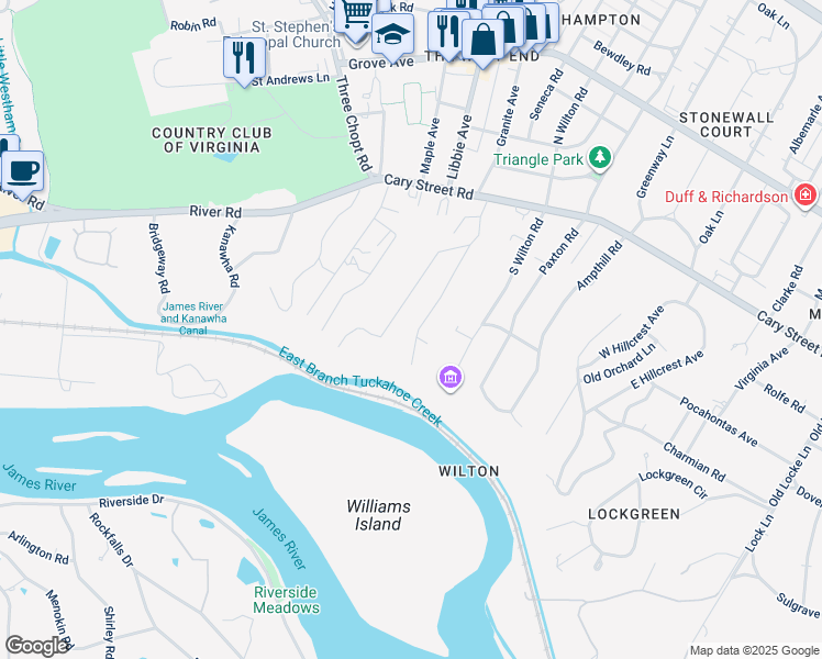 map of restaurants, bars, coffee shops, grocery stores, and more near 116 Kennondale Lane in Richmond