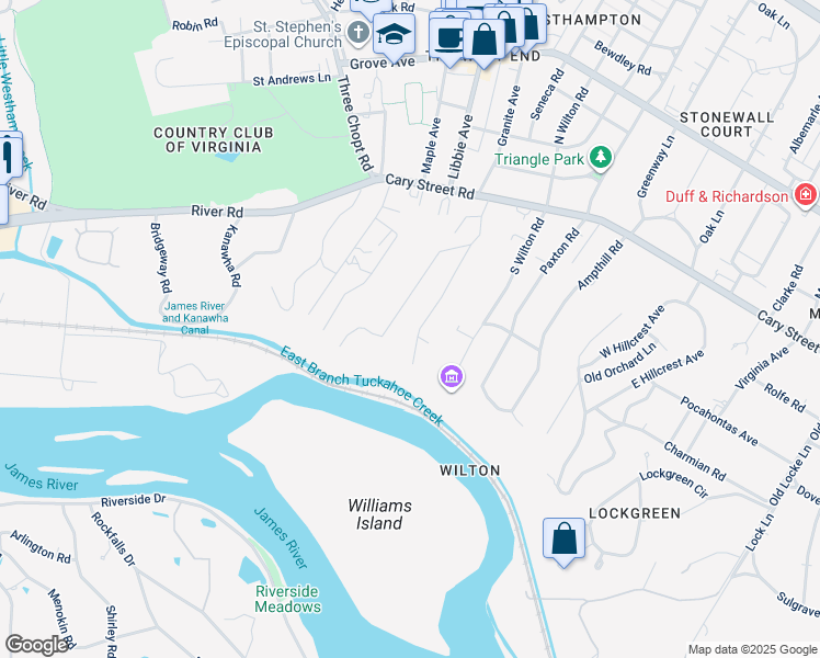 map of restaurants, bars, coffee shops, grocery stores, and more near 116 Kennondale Lane in Richmond
