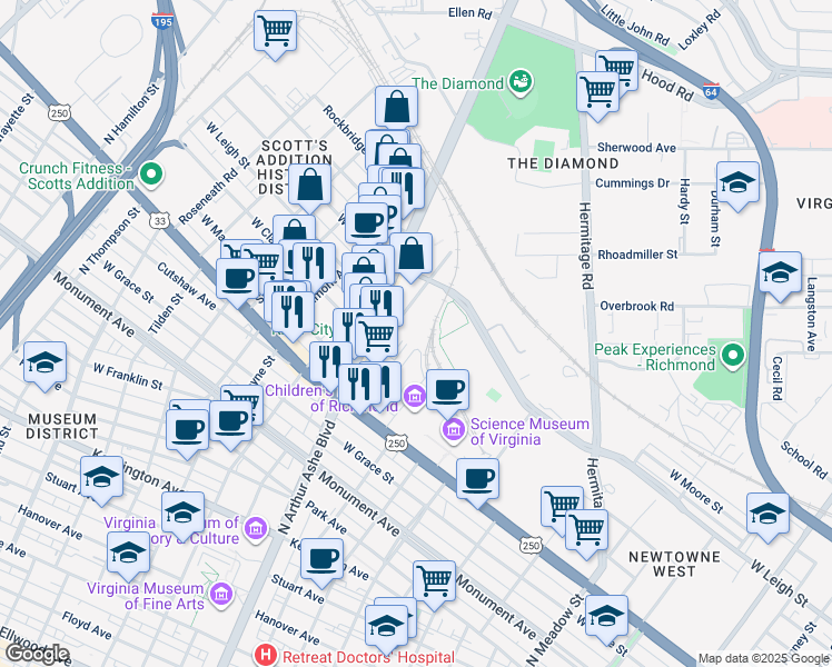 map of restaurants, bars, coffee shops, grocery stores, and more near 947 Myers Street in Richmond