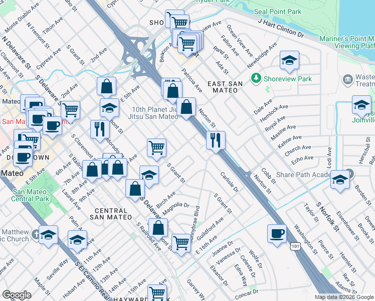 map of restaurants, bars, coffee shops, grocery stores, and more near 937 East Grant Place in San Mateo