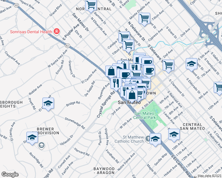 map of restaurants, bars, coffee shops, grocery stores, and more near 10 Crystal Springs Road in San Mateo