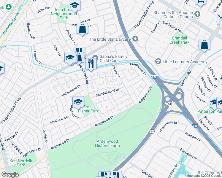 map of restaurants, bars, coffee shops, grocery stores, and more near 4952 Hildasue Terrace in Fremont