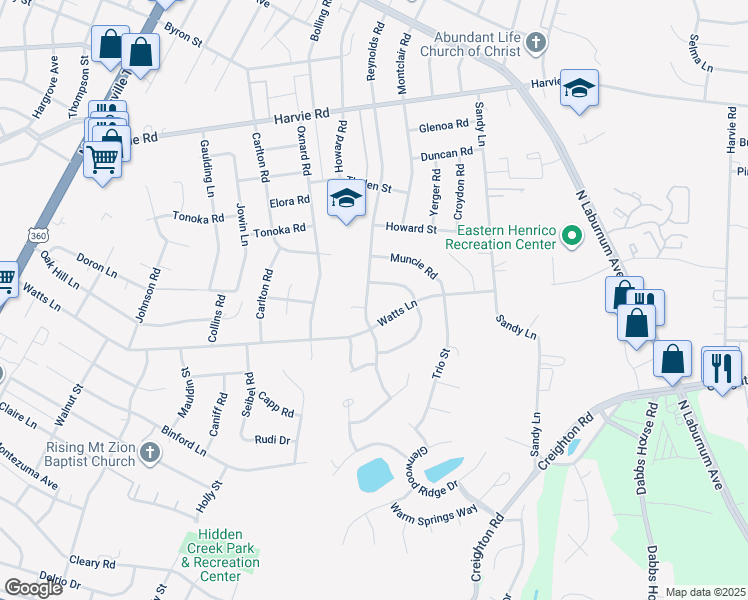 map of restaurants, bars, coffee shops, grocery stores, and more near 3107 Reynolds Road in Richmond