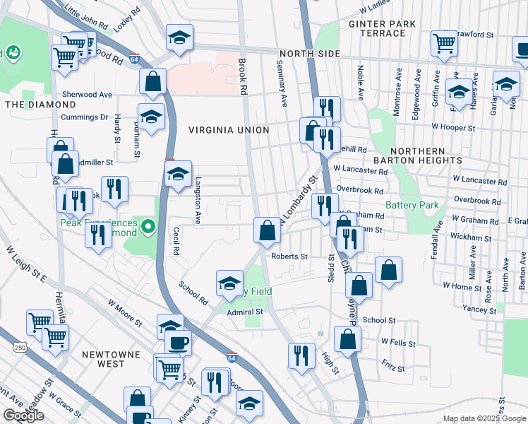 map of restaurants, bars, coffee shops, grocery stores, and more near 2343 Brook Road in Richmond