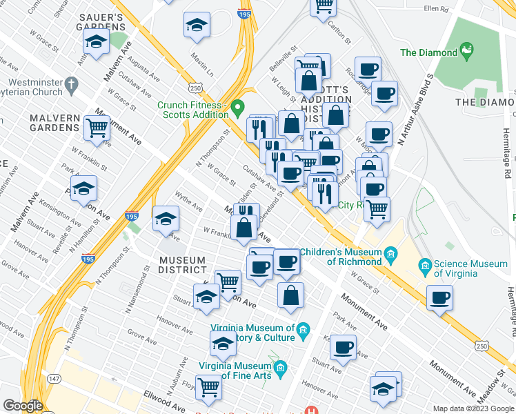 map of restaurants, bars, coffee shops, grocery stores, and more near 3213 West Grace Street in Richmond