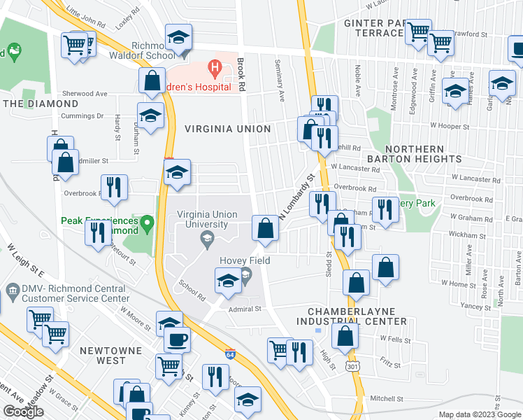 map of restaurants, bars, coffee shops, grocery stores, and more near 2343 Brook Road in Richmond