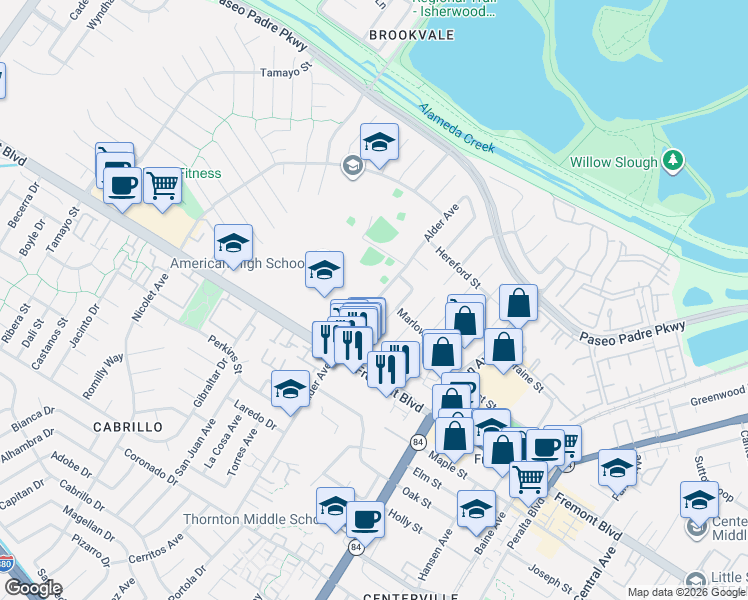 map of restaurants, bars, coffee shops, grocery stores, and more near 3649 Alder Avenue in Fremont