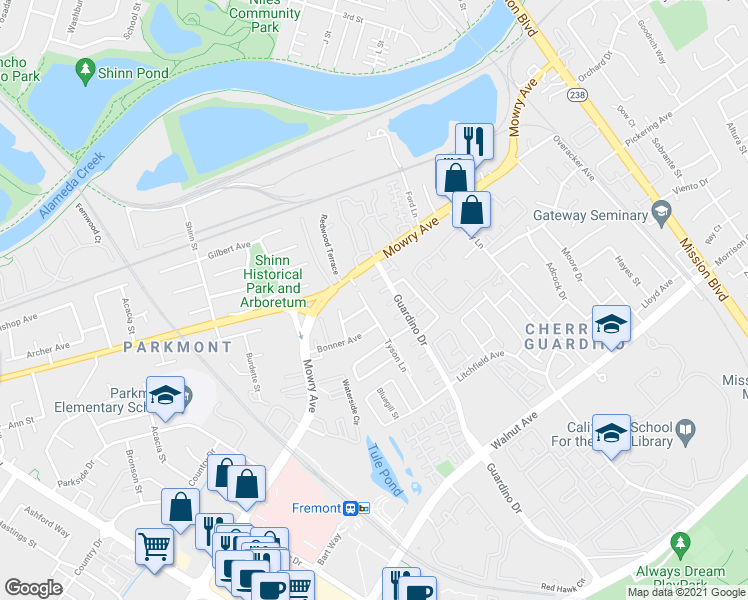 map of restaurants, bars, coffee shops, grocery stores, and more near 38538 Tyson Lane in Fremont