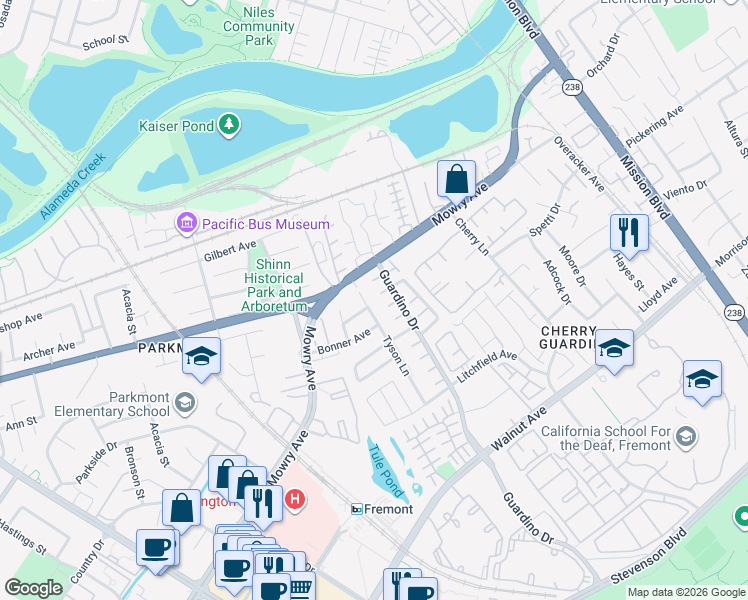 map of restaurants, bars, coffee shops, grocery stores, and more near 38538 Tyson Lane in Fremont