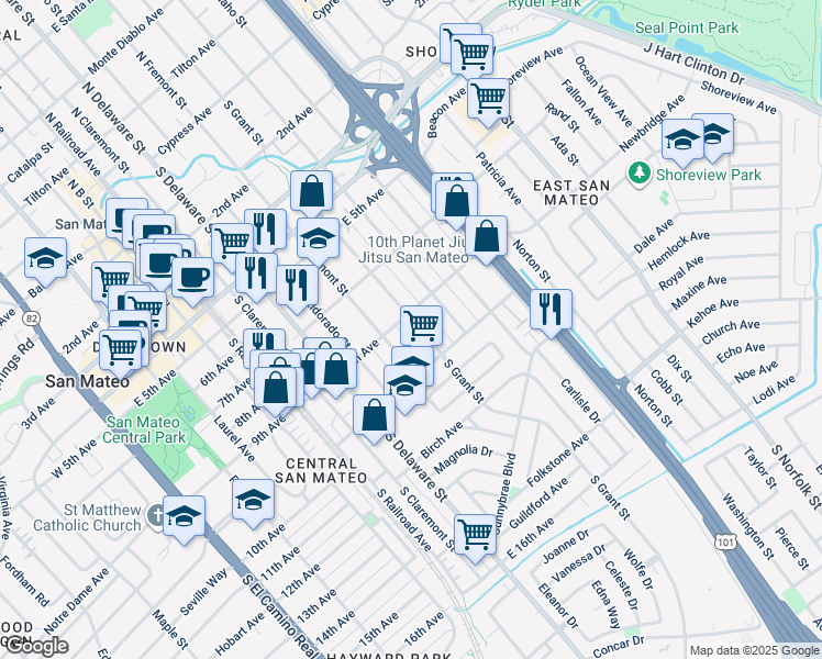map of restaurants, bars, coffee shops, grocery stores, and more near 908 South Grant Street in San Mateo