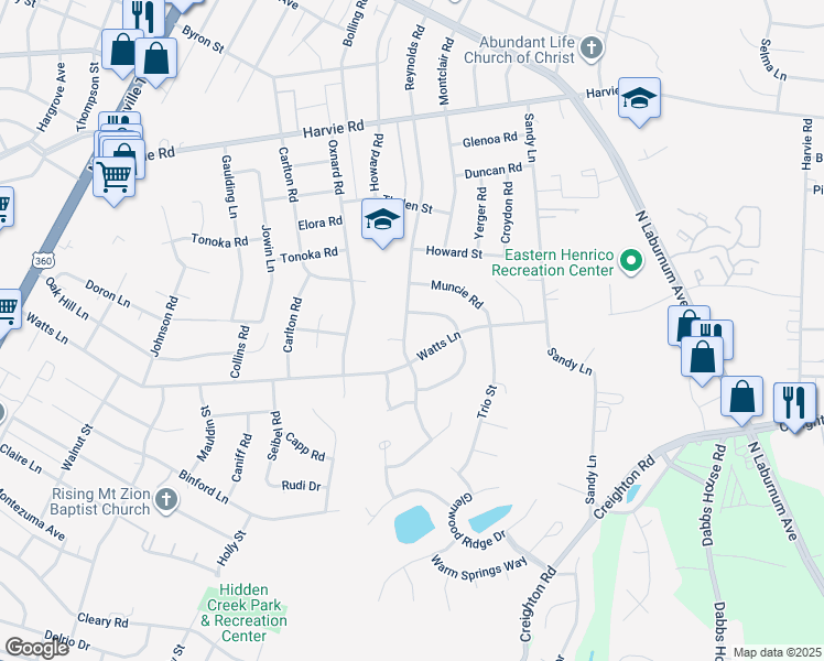 map of restaurants, bars, coffee shops, grocery stores, and more near 3107 Reynolds Road in Richmond