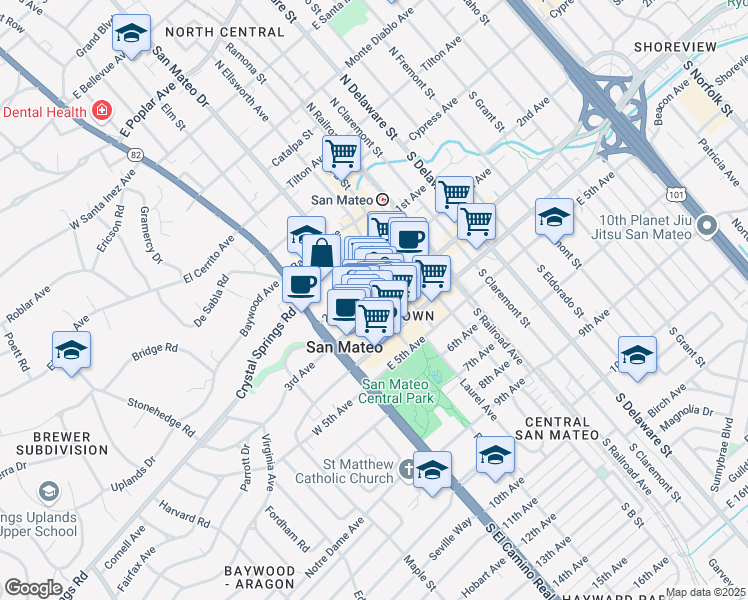 map of restaurants, bars, coffee shops, grocery stores, and more near 136 2nd Avenue in San Mateo