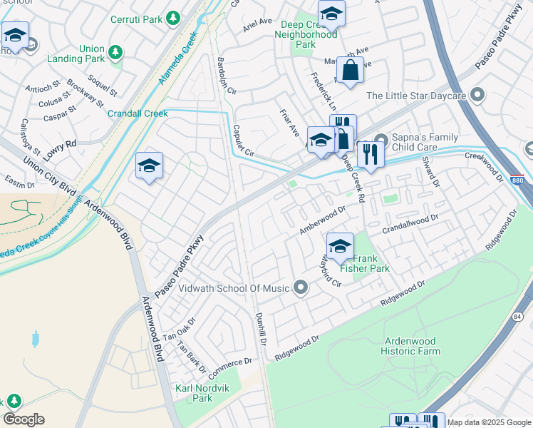 map of restaurants, bars, coffee shops, grocery stores, and more near 34157 Donahue Terrace in Fremont