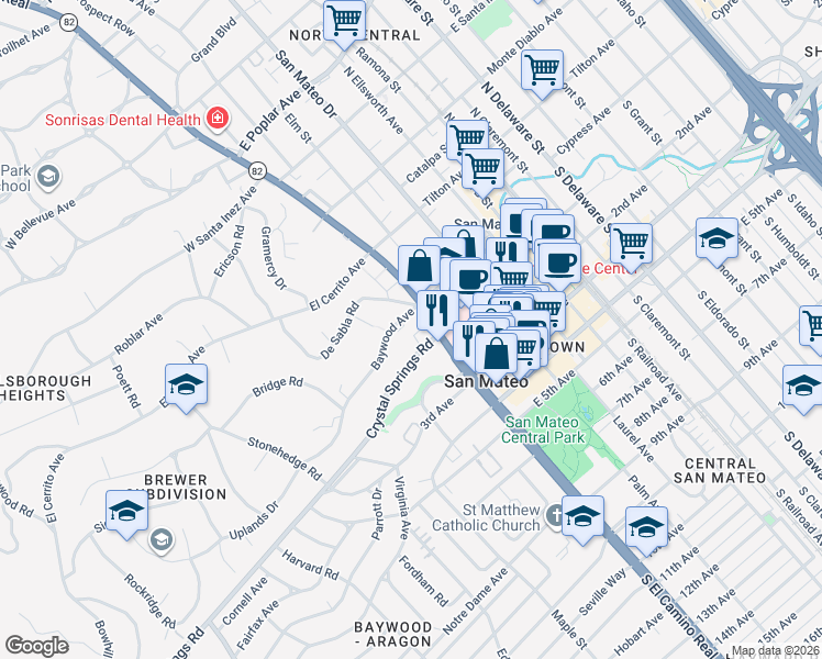 map of restaurants, bars, coffee shops, grocery stores, and more near 10 Crystal Springs Road in San Mateo