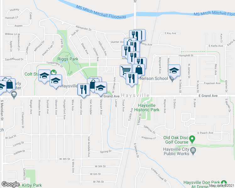 map of restaurants, bars, coffee shops, grocery stores, and more near 101 North Campbell Drive in Haysville