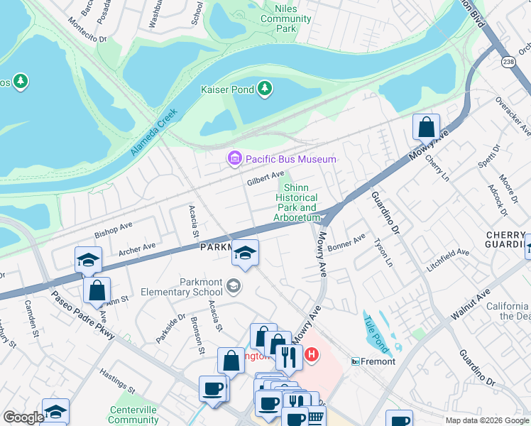 map of restaurants, bars, coffee shops, grocery stores, and more near 1316 Kruger Avenue in Fremont