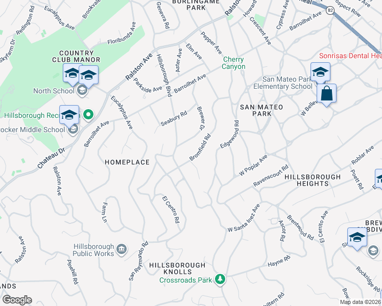 map of restaurants, bars, coffee shops, grocery stores, and more near 856 Bromfield Road in San Mateo