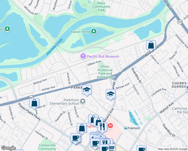 map of restaurants, bars, coffee shops, grocery stores, and more near 1316 Kruger Avenue in Fremont