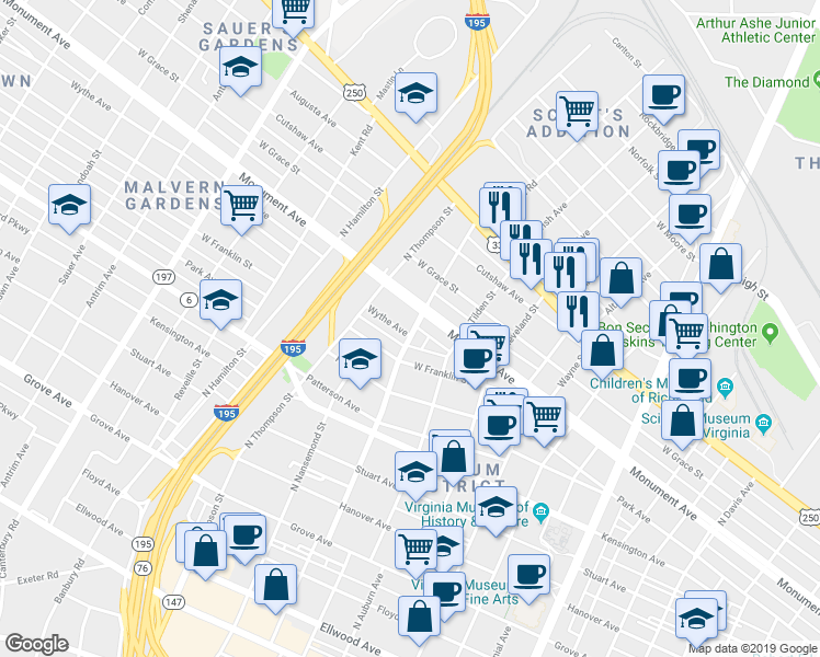 map of restaurants, bars, coffee shops, grocery stores, and more near 3400 Wythe Avenue in Richmond