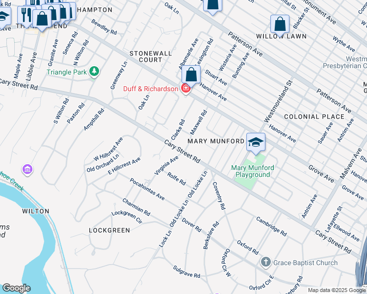 map of restaurants, bars, coffee shops, grocery stores, and more near 4802 Cary Street Road in Richmond