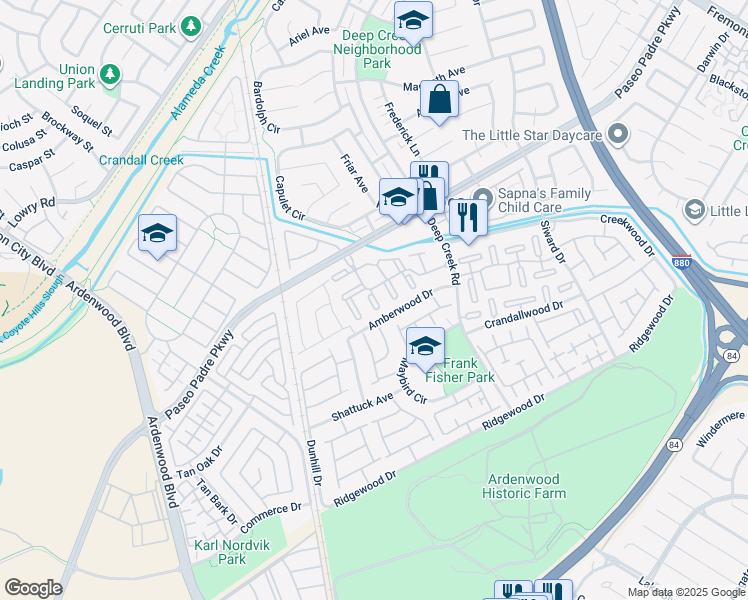 map of restaurants, bars, coffee shops, grocery stores, and more near 34200 Kaspar Terrace in Fremont