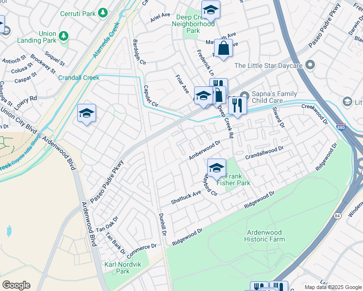 map of restaurants, bars, coffee shops, grocery stores, and more near 34200 Kaspar Terrace in Fremont