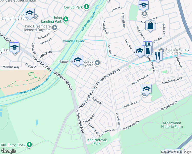 map of restaurants, bars, coffee shops, grocery stores, and more near 34048 Stirrup Way in Fremont