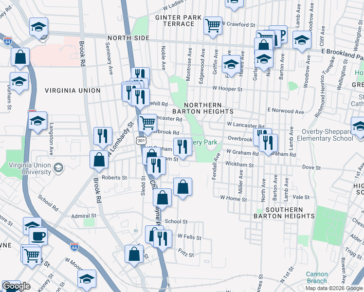 map of restaurants, bars, coffee shops, grocery stores, and more near 604 W Graham Rd in Richmond