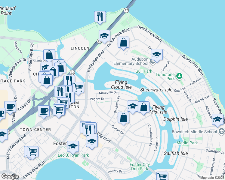 map of restaurants, bars, coffee shops, grocery stores, and more near 671 Matsonia Drive in Foster City