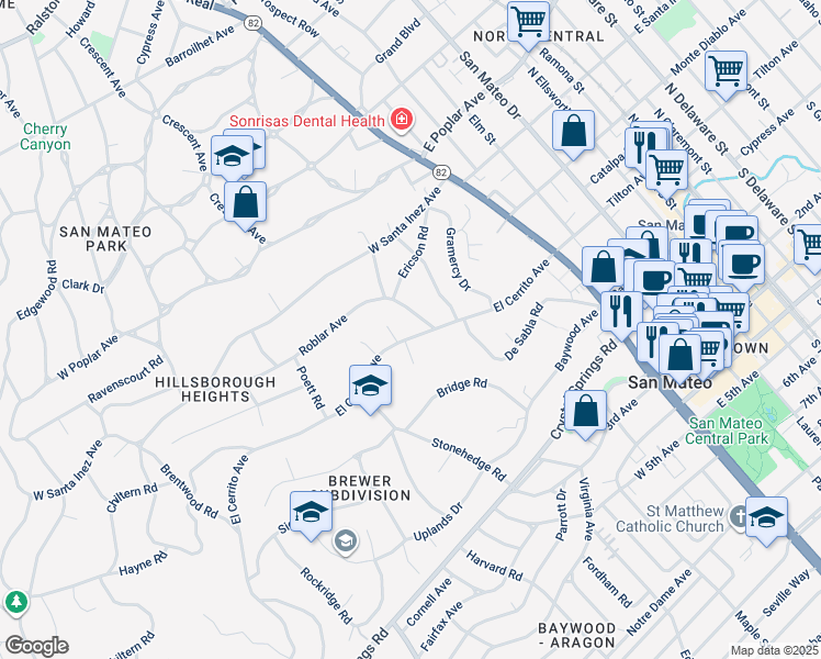 map of restaurants, bars, coffee shops, grocery stores, and more near 206 El Cerrito Avenue in Hillsborough