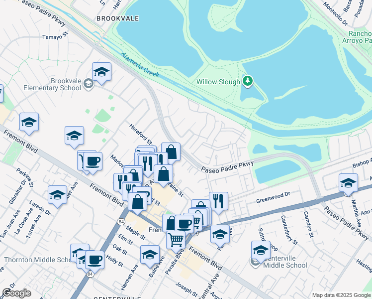 map of restaurants, bars, coffee shops, grocery stores, and more near 3251 Southwycke Terrace in Fremont