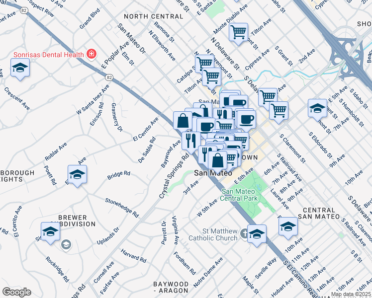 map of restaurants, bars, coffee shops, grocery stores, and more near 10 Crystal Springs Road in San Mateo