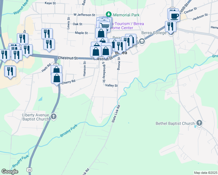 map of restaurants, bars, coffee shops, grocery stores, and more near 109 Valley Street in Berea