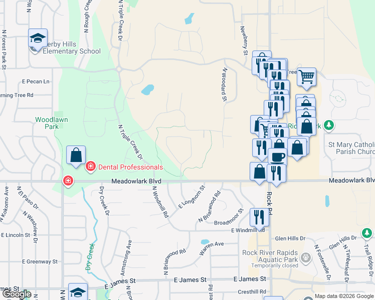 map of restaurants, bars, coffee shops, grocery stores, and more near 1300 East Meadowlark Road in Derby