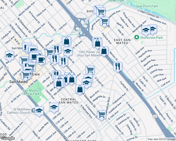 map of restaurants, bars, coffee shops, grocery stores, and more near 908 South Grant Street in San Mateo