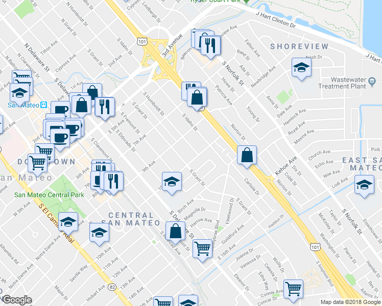 map of restaurants, bars, coffee shops, grocery stores, and more near 938 South Humboldt Street in San Mateo