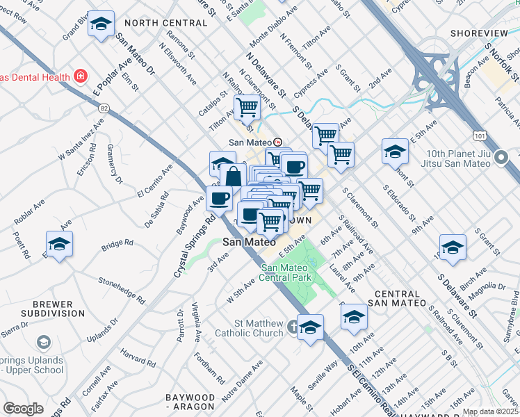 map of restaurants, bars, coffee shops, grocery stores, and more near 136 2nd Avenue in San Mateo