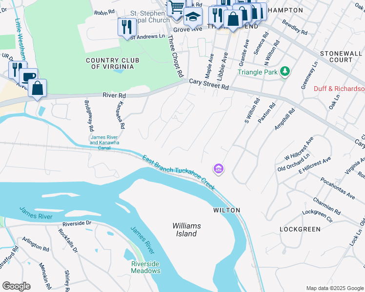 map of restaurants, bars, coffee shops, grocery stores, and more near 116 Tempsford Lane in Richmond